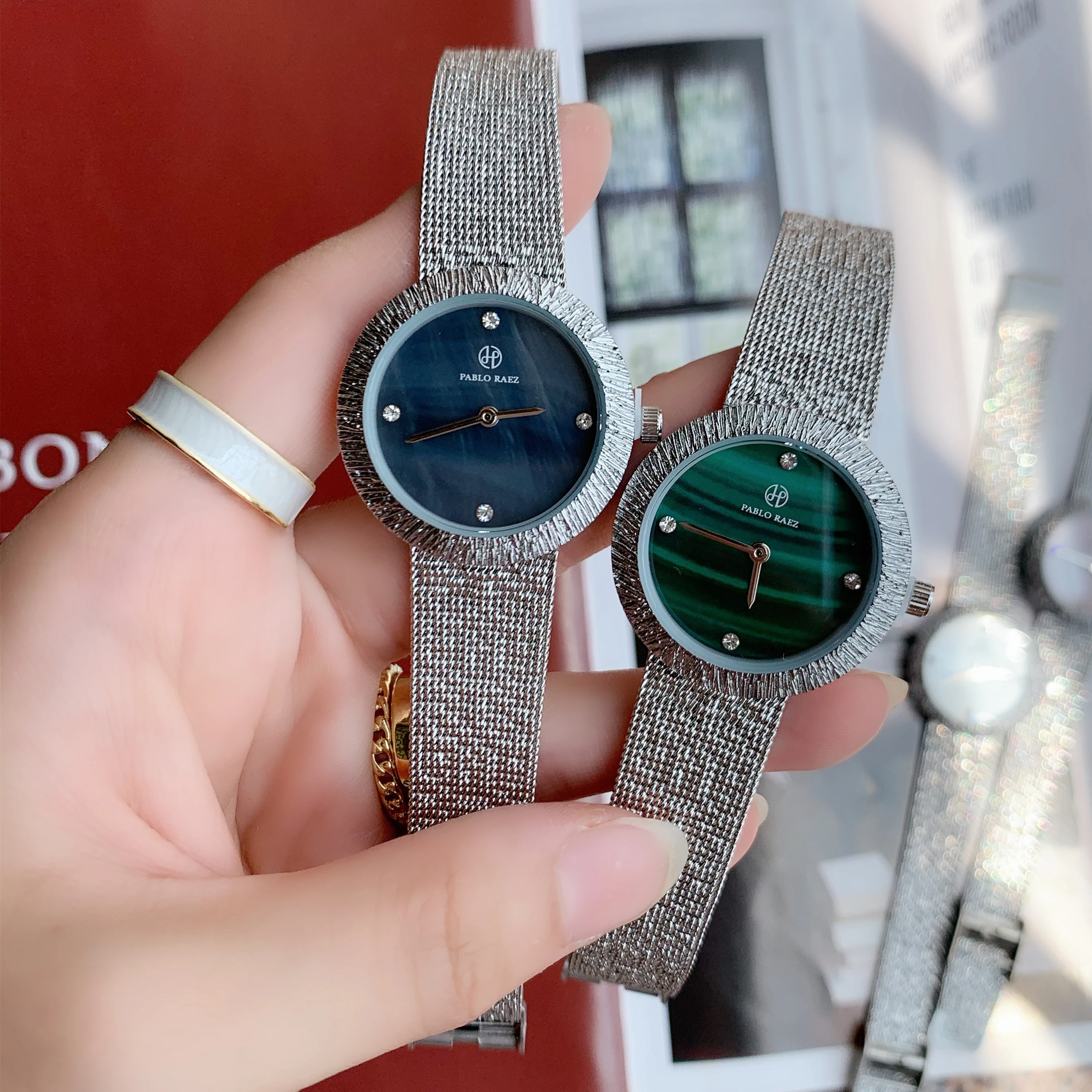 PABLO RAEZ Women Watch Ripple Texture Green Small Silver Mesh Japan Movement Fashion Top Quality Casual Style Popular Design