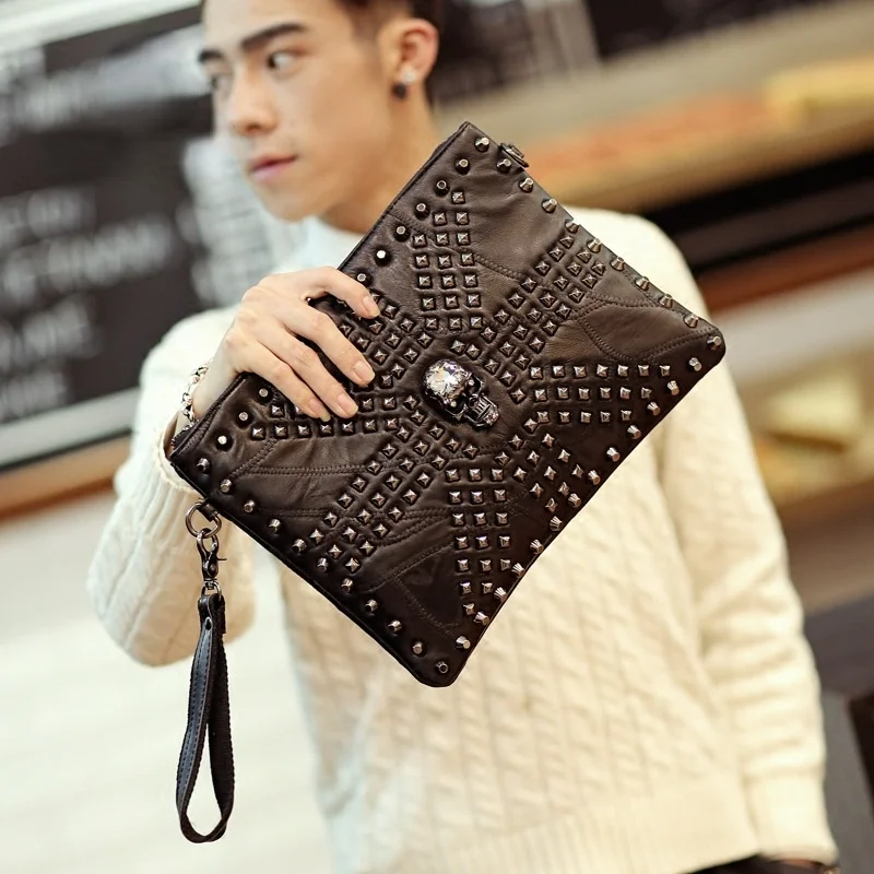 Fashion Rivet Clutch for Men Wrist Bag Shoulder Bag Soft PU Leather Men\'s Clutches Handbags Wallet A4 File Envelope Hand Bag