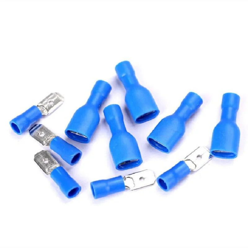 Nuevo 6,3mm 16-14AWG mujer hombre Conector de cableado eléctrico azul aislado crimpado pala Terminal azul FDFD2-250 MDD2-250
