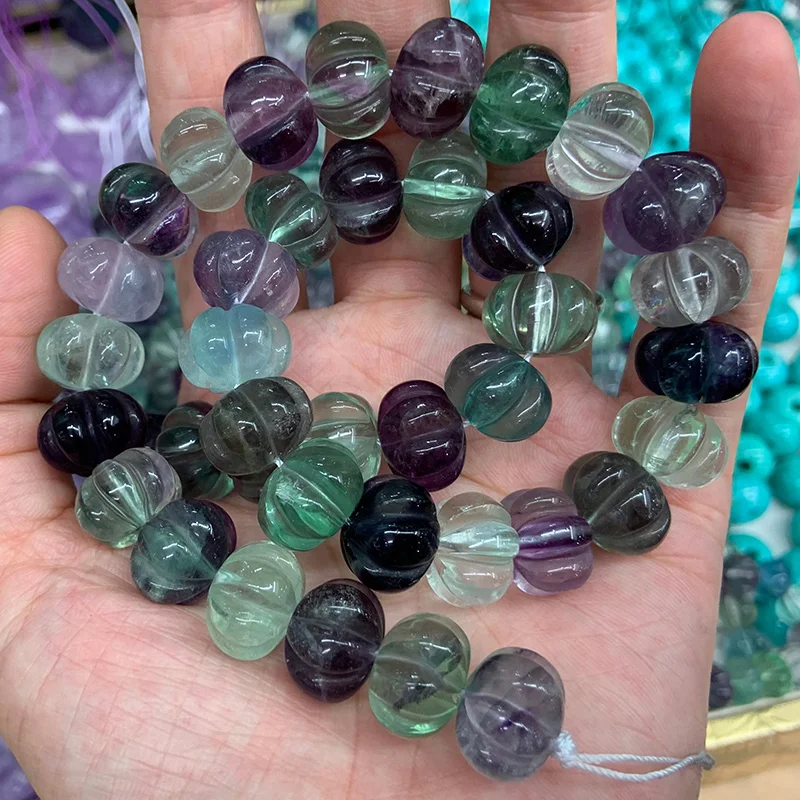 

Natural Fluorite Stone Beads 15'' Rondelle Carved Pumpkin DIY Loose Beads For Jewelry Making Beads Women Bracelet Necklace Gift