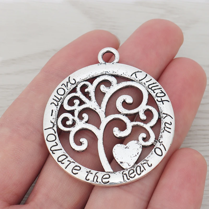 

5 x Open Large Filigree Mom You Are the Heart of my Family Round Tree Charms Pendants for DIY Jewelry Making Accessories