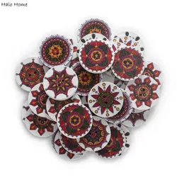 50pcs Round Retro Red Print Series Wooden Button Handwork Sewing Scrapbooking Clothing Crafts Accessories Gift Card DIY 15-25mm