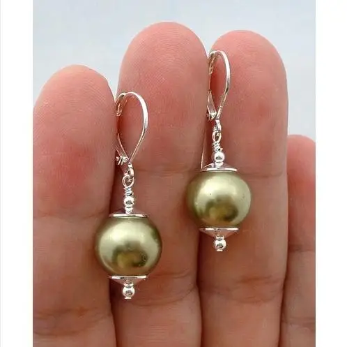 Favorite Pearl Jewelry New Classic Lime Green South Sea Shell Pearl S925 Sterling Silver Dangle Earrings Leverback Earring