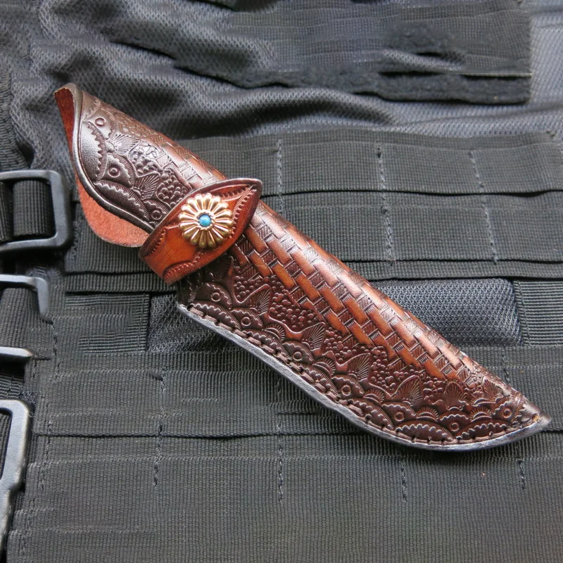 Snake Skin Pattern Vegetable Tanned Genuine Leather Small Straight Knife Scabbard Sheath Turquoise Buckle Outdoor Military Case