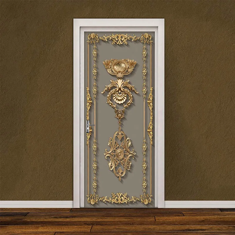 Self Adhesive Door Sticker Wallpaper 3D European Style Golden Flower Pattern Living Room Bedroom Door Mural Poster Wall Decals