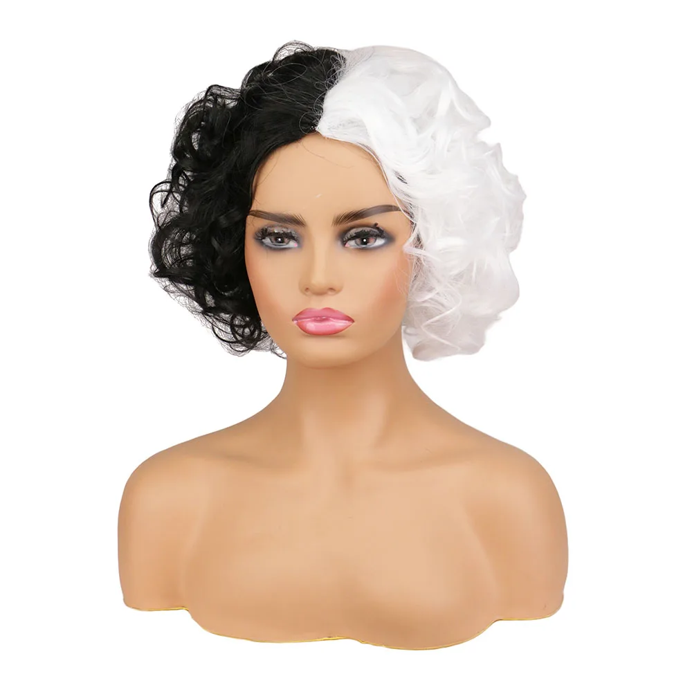 New Cruella Wig CRUELLA de Vil Cosplay Black White Halloween Party Hair Deville Dalmation Short Synthetic Hair Wigs+ Wig Cap