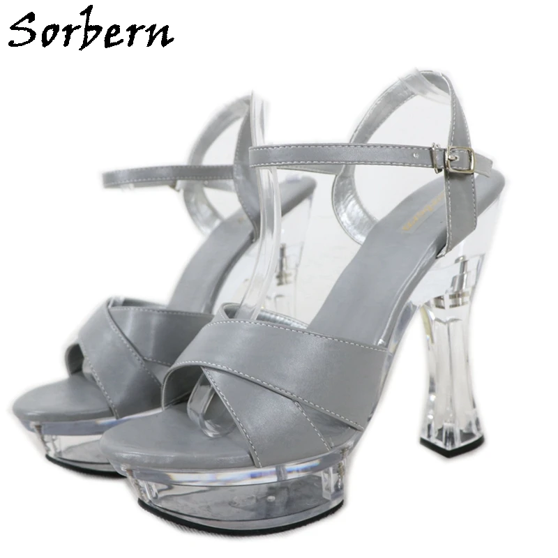 

Sorbern 14Cm Perspex Heels Women Sandal Block High Heel Slingback Summer Shoes Cross Strap Light Grey Transparent Platform