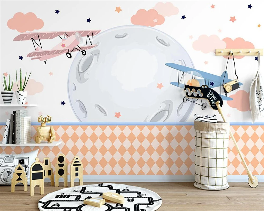 

beibehang Nordic hand-painted cartoon airplane children's room rhombus children wallpaper background wall papers home decor