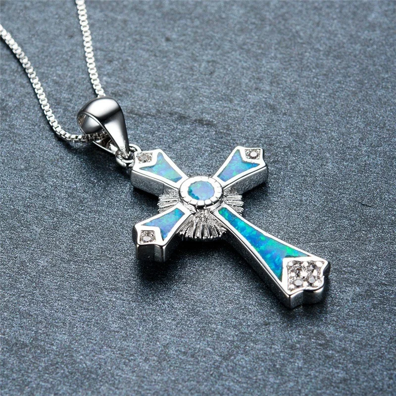 2024 Fashion Women Necklace Statement Wedding Jewelry Vintage Imitation Fire Opal Cross Pendants Necklaces For Men Accessories