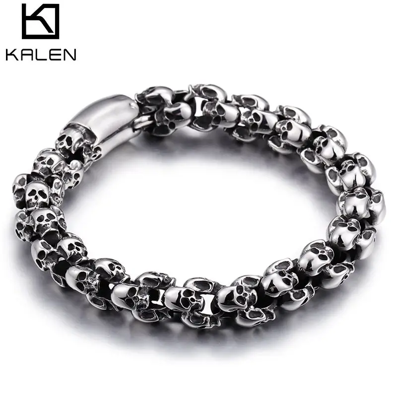 12mm Punk Skull Bracelets For Men Stainless Steel 316L Skeleton Lion Charm Link Chain Male Gothic Jewelry