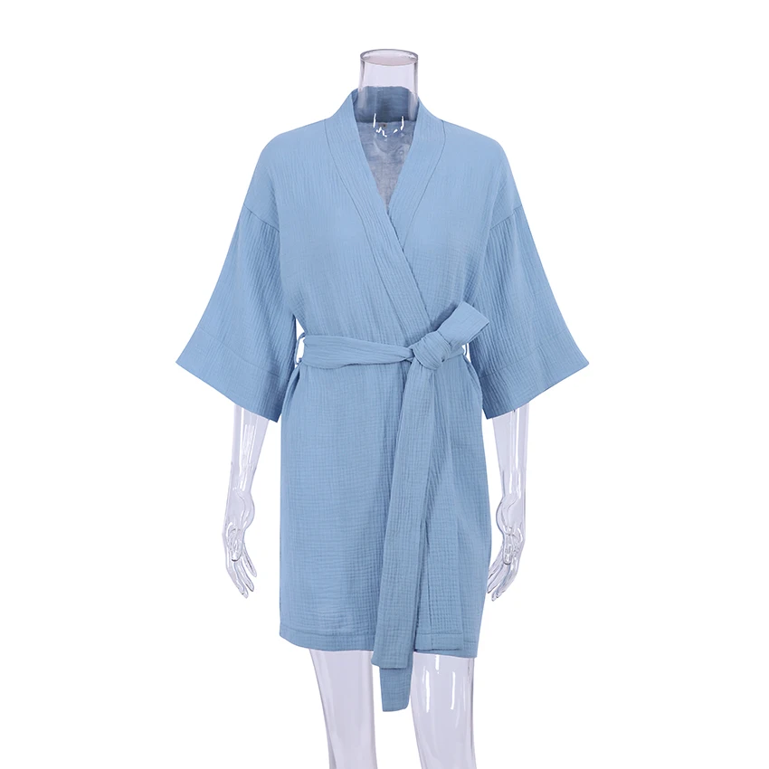 Hiloc Solid Cotton Bathrobe Female Robes Women Sexy Mini Dresses Three Quarter Sleeves Dressing Gown Dress Nightgown Home Dress