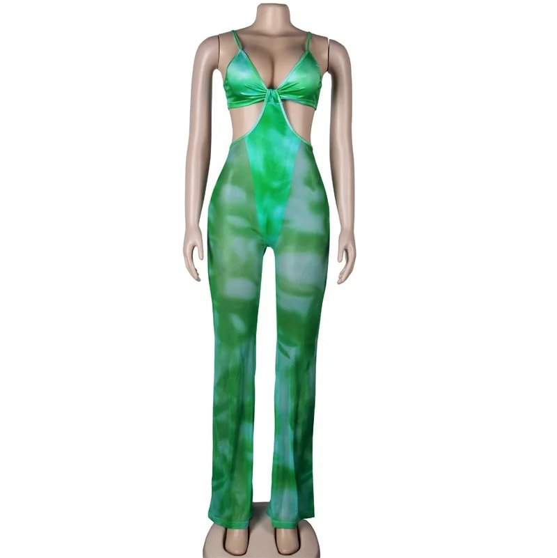 Tie Dye Print Vrouwen Jumpsuit Sexy Zomer Party Mesh Hollow Out Speelpakjes V-hals Mouwloze Bodycon Overalls Feminino Body