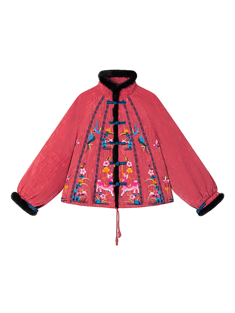 Free Shipping Winter Women Outerwear Single Breasted S-L Red And White Chinese Style Embroidery Thick Coats Stand Collar Warm