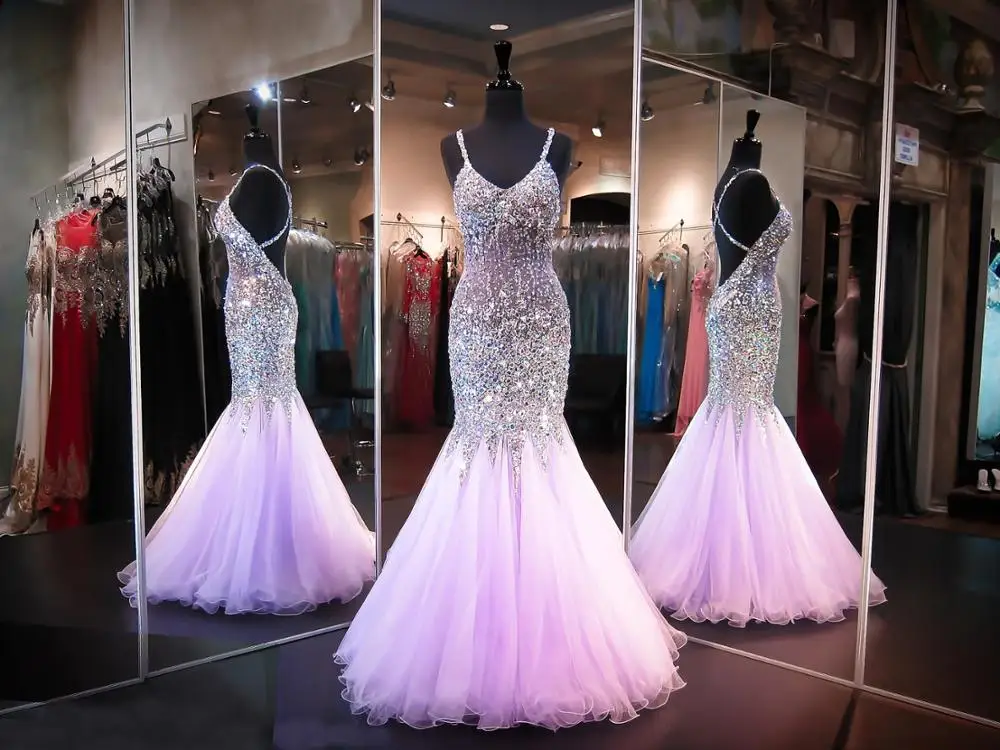 

Lilac Beaded Mermaid Prom Dress Sweetheart Neckline Open Back Bling Bling Spaghetti Straps Evening Gown Sheer Pageant Dress