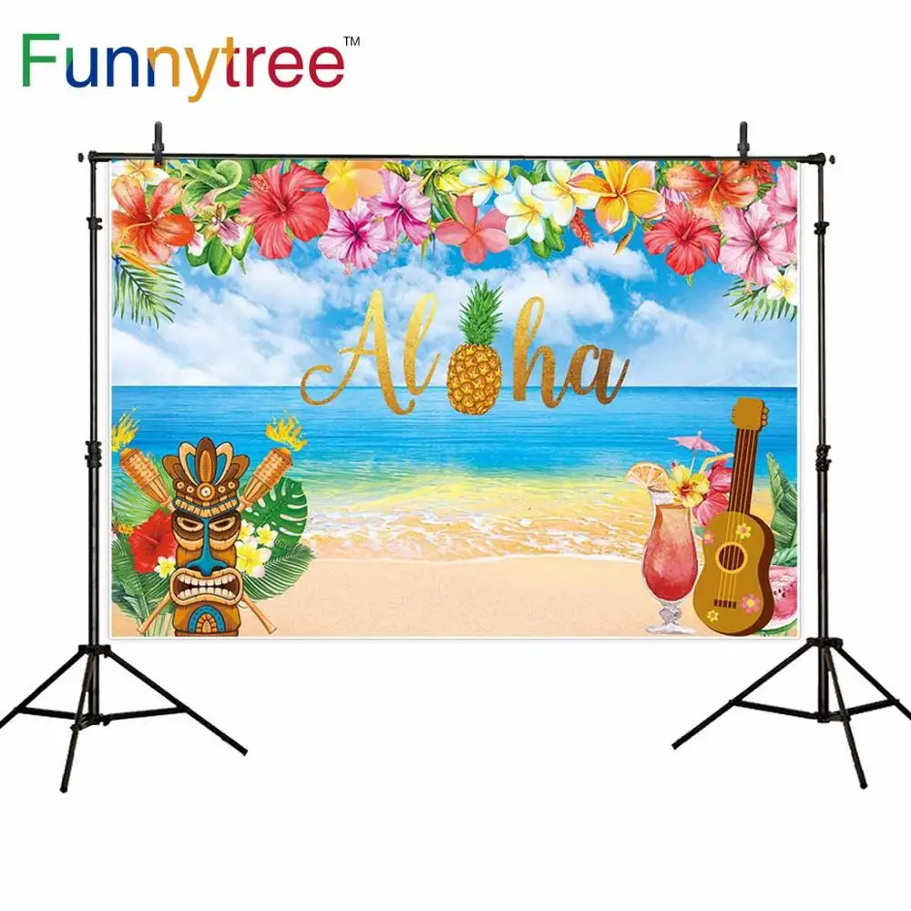 

FunnytreeLuau Tiki Party Backdrop Hawaiian Aloha Flamingo Party Photo Background Tropical Summer Birthday Party Photography