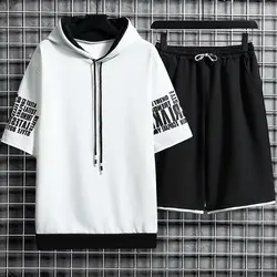 Summer Men's Sets Japan Fashion Jogger Hooded Short Sleeve Tops+Sport Shorts Suit Men Casual Men Clothing Tracksuit 2 Piece Sets