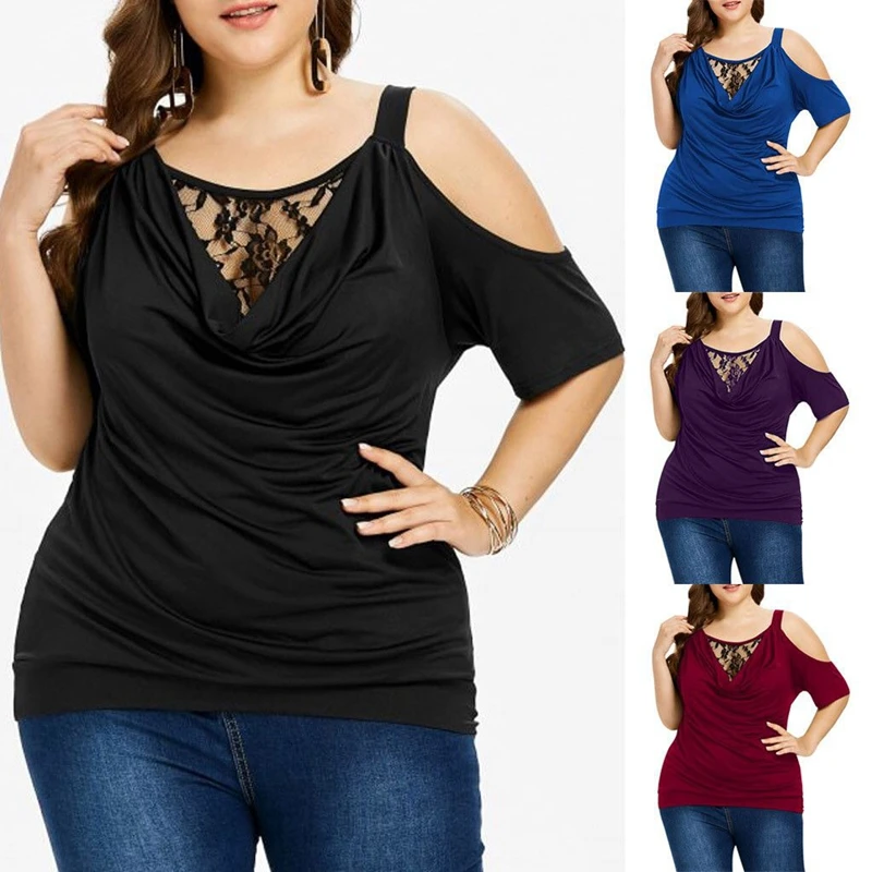 

Large size T-shirt women's 3XL-7XL bust 128CM lace cold shoulder shirt solid color casual round neck short-sleeved T-shirt