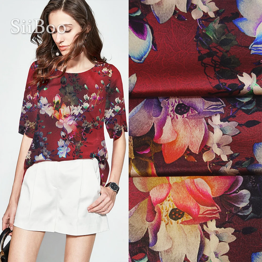 

Europe luxury floral printed heavy weighted 19mm spandex silk fabric for women spring summer dress skirt tissu africain SP5959