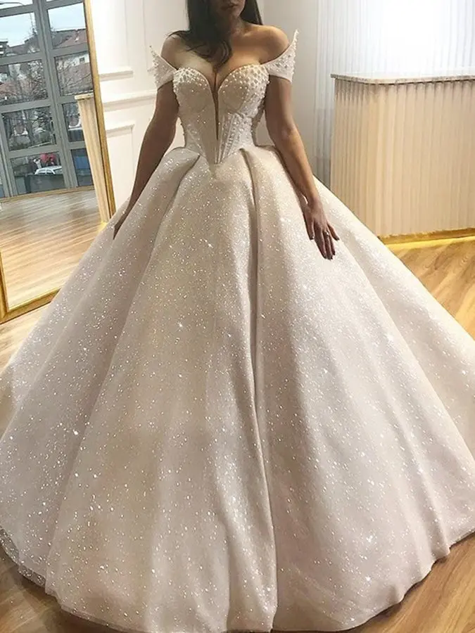 Vestido De novia De lujo con lentejuelas y perlas, traje De baile con escote Corazón, hombros descubiertos, talla grande, novedad De 2024