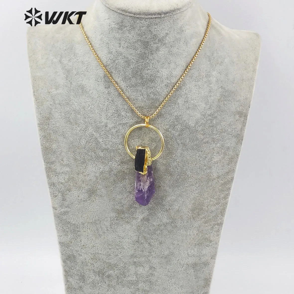 WT-N1266 WKT Luxury Amazing Purple Amethyst Natural Stone With Black Tourmaline Charm 18K Gold Eletroplated Women Necklace
