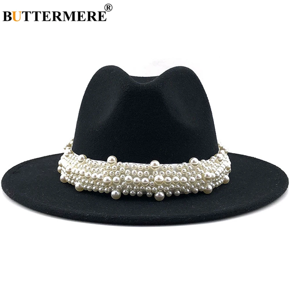 BUTTERMERE Jazz Fedora Hats Casual Women Pearl Felt Hat White Pink Yellow Blue Red Woolen Panama Trilby Formal Party Cap 58-61CM