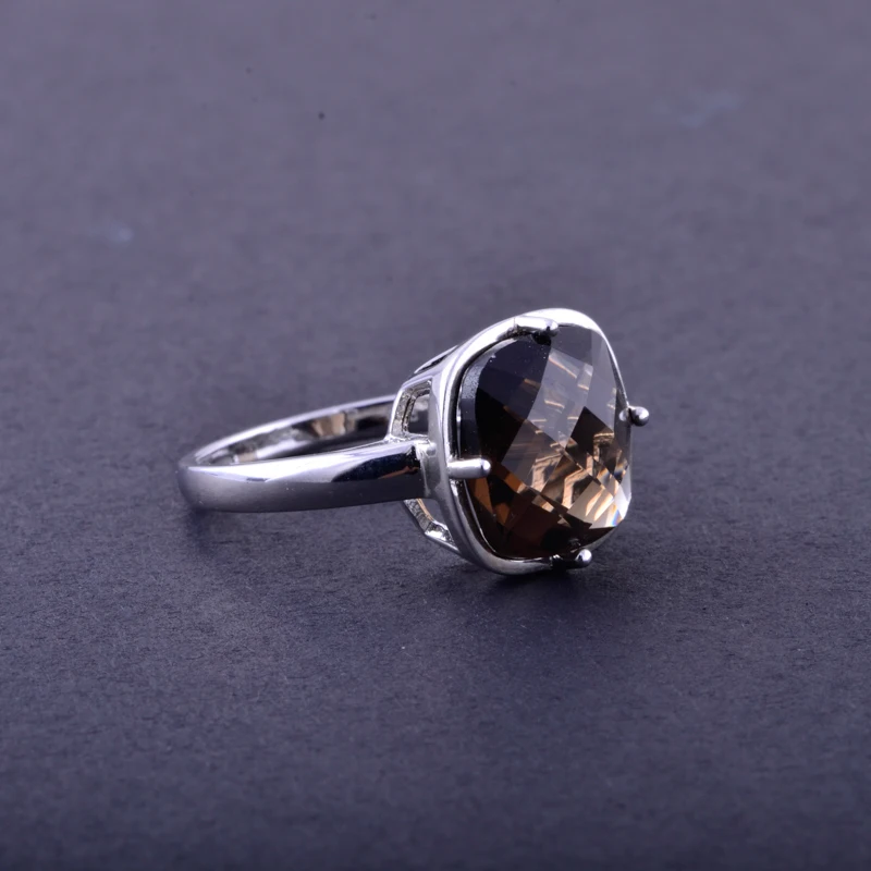 CSJ Smoky Quartz Rings Sterling 925 Silver Natural Gemstone Cushion 12mm  Women Lady Wedding Engagment Party Gift Box