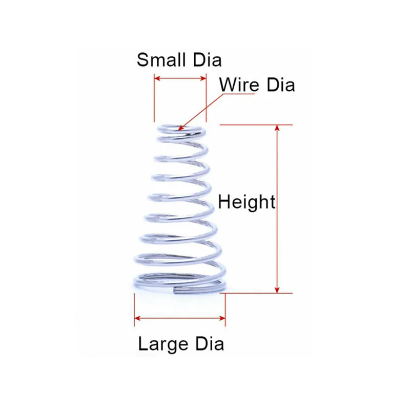 Conical การบีบอัด Springs Tower ฤดูใบไม้ผลิ304สแตนเลส Taper ความดันฤดูใบไม้ผลิเส้นผ่าศูนย์กลาง0.8มม.0.9มม.