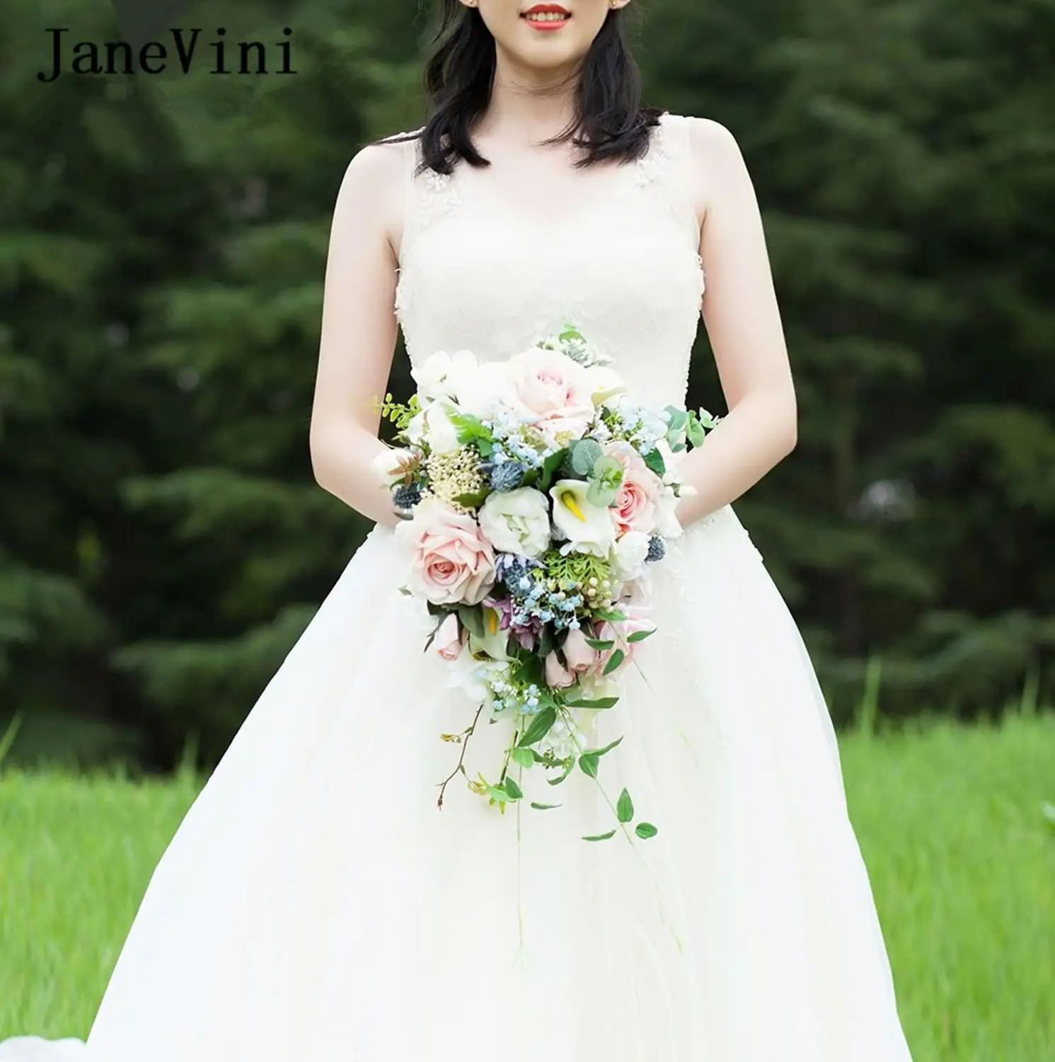 

JaneVini 2019 Elegant Bridal Waterfall Wedding Bouquets Handmade Silk Roses Wedding Bridesmaid Flowers Marriage Party Decoration