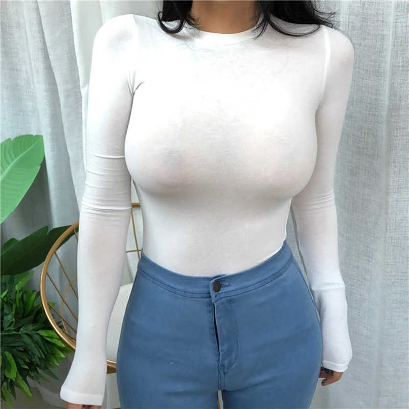 Camiseta fina Sexy de verano para mujer, camiseta elástica de estilo coreano, ropa ajustada, camisetas informales de manga larga para mujer 2020