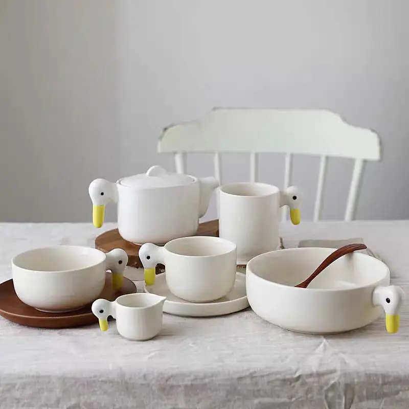 White Duck Ceramic Plates Tableware Hand Made Duckling Tableware Teapot Coffee Cup Mug Dessert Dishes Dinnerware Set Cute Plate