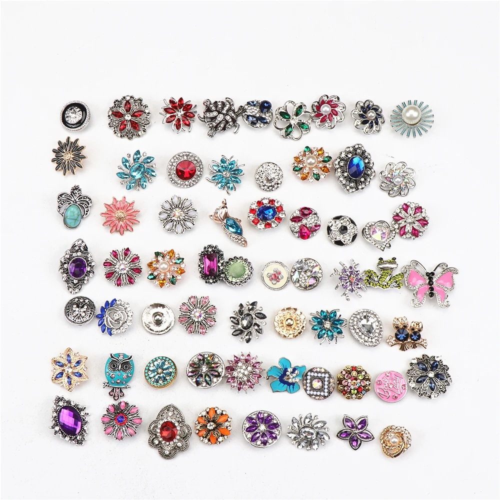 Wholesale Bulk 50pcs/lot 18MM Snap Buttons Metal Crystal Charm For Men Women Jewelry Bracelets Pendant Earrings Mix Style