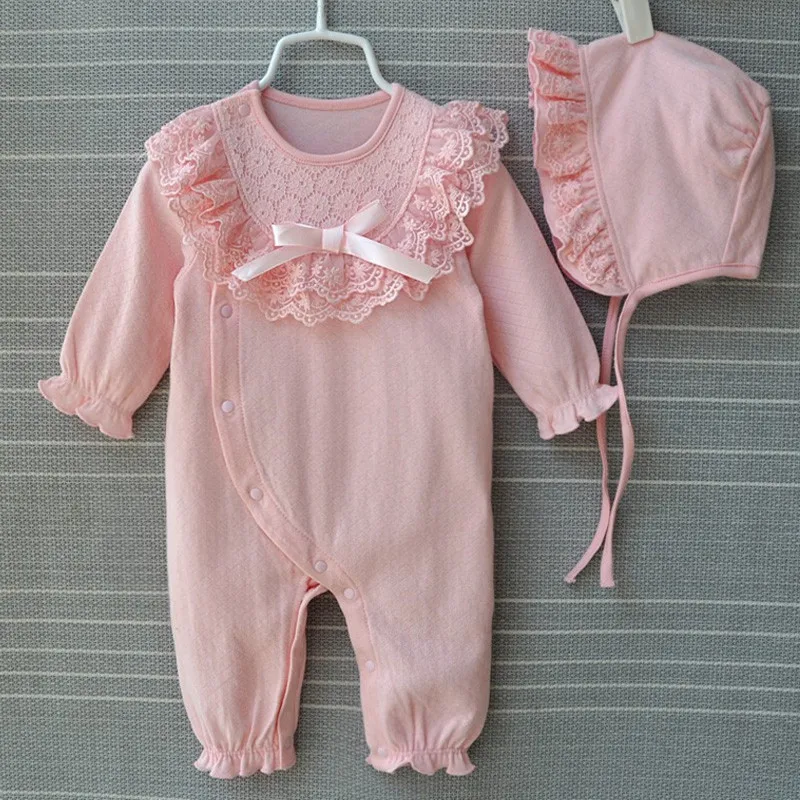 Princess Cotton Newborn Baby Girl Clothes Lace Bow Jumpsuit Spring Autumn Infant Girls Clothing Sets Bodysuit+ Hats