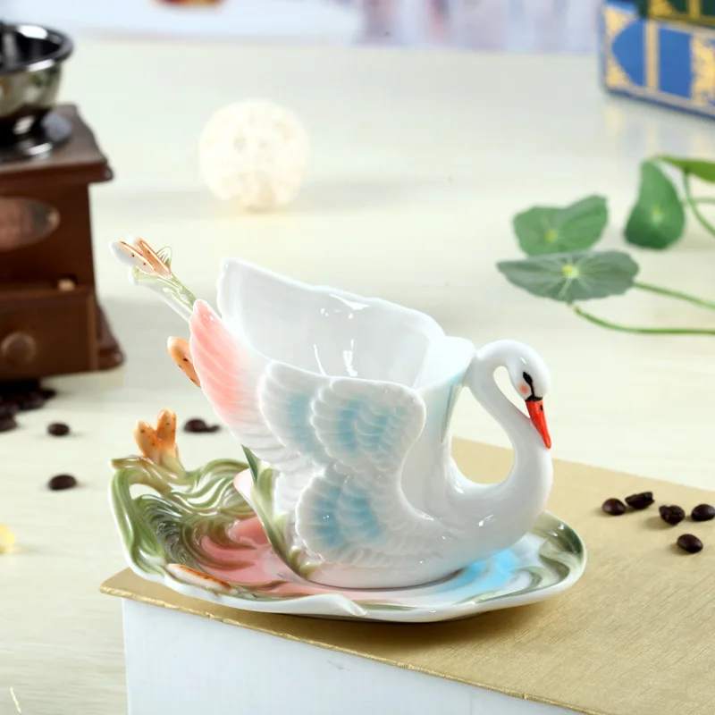 Swan canecas de café com pires colheres colorido esmalte xícara de porcelana café da manhã garrafa de água chá térmico natal presente brithaday