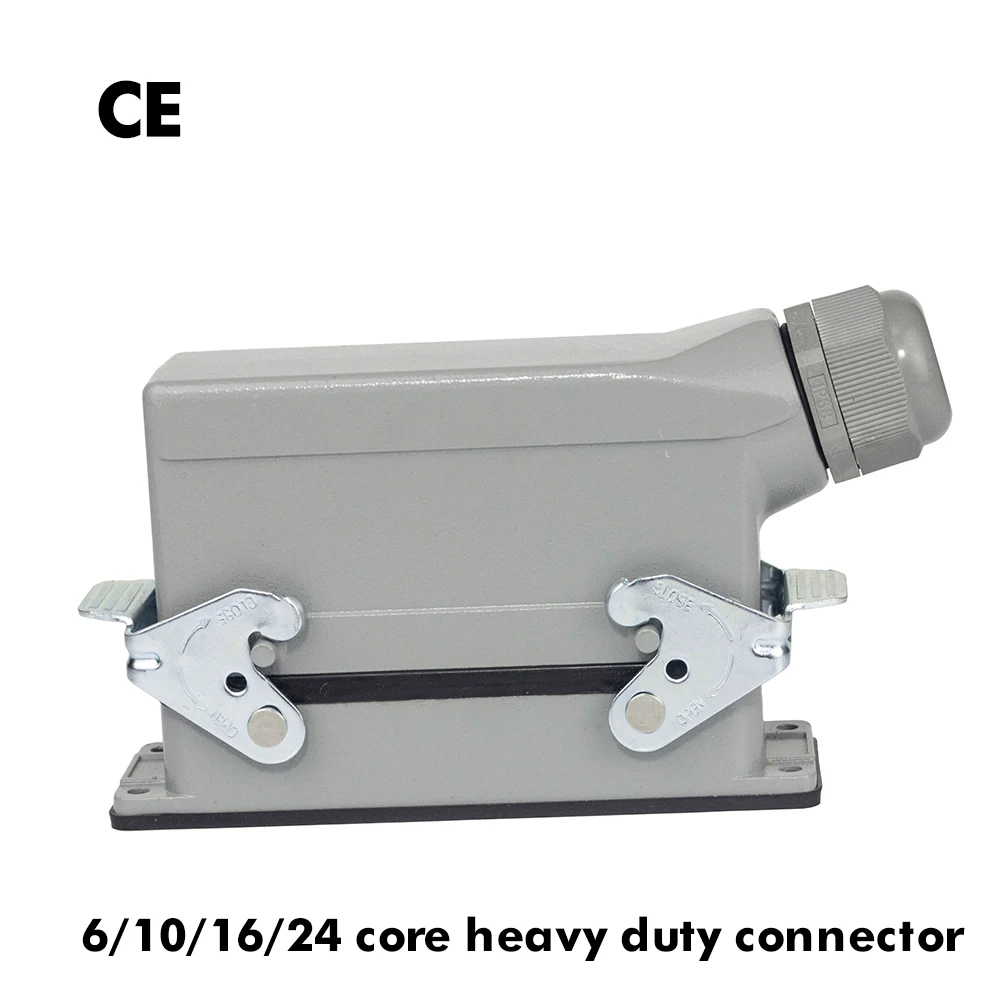 Rectangular HE series heavy duty connectors 6 10 16 24 pin line screw feet of aviation plug on the side