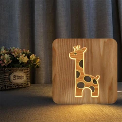 Giraffe lamp 3D Led Wooden Night Lights Children Bedroom Living Room Decoration wood Hollow carving Table Lamp warm white lights