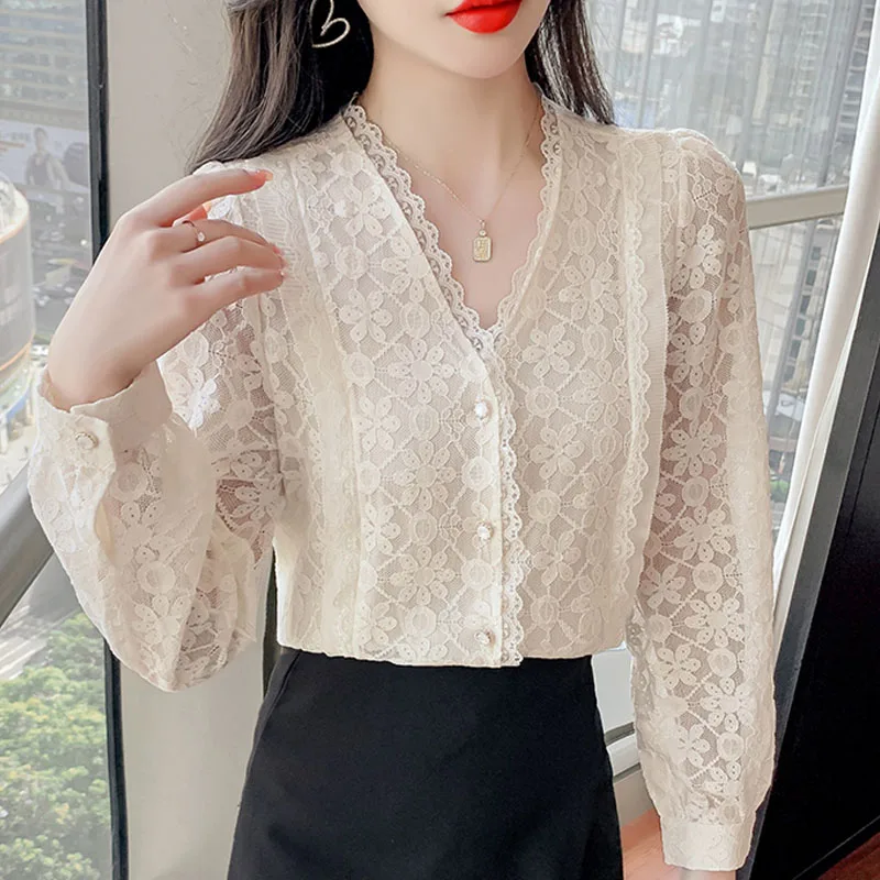 

Chiffon Shirt Women Autumn Clothes Long Sleeved Lace Tops Mujer French Style Elegant V-Neck Lantern Sleeve Solid 2271