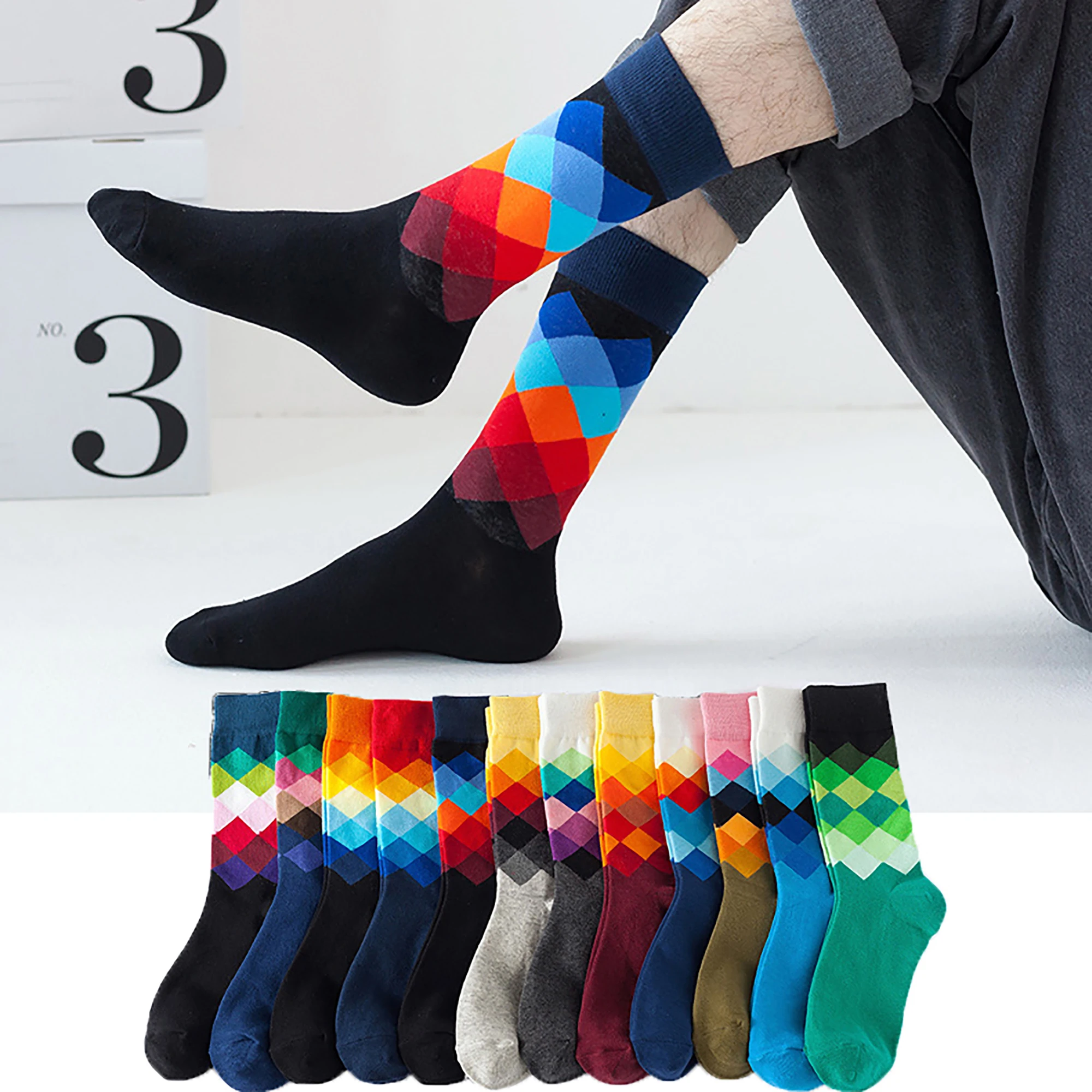 Men\'s/Women Cotton Socks Funny Happy Socks Fine Paragraph Diamond Pattern Argyle Tube Geometric Funny Party Dress Combed Socks