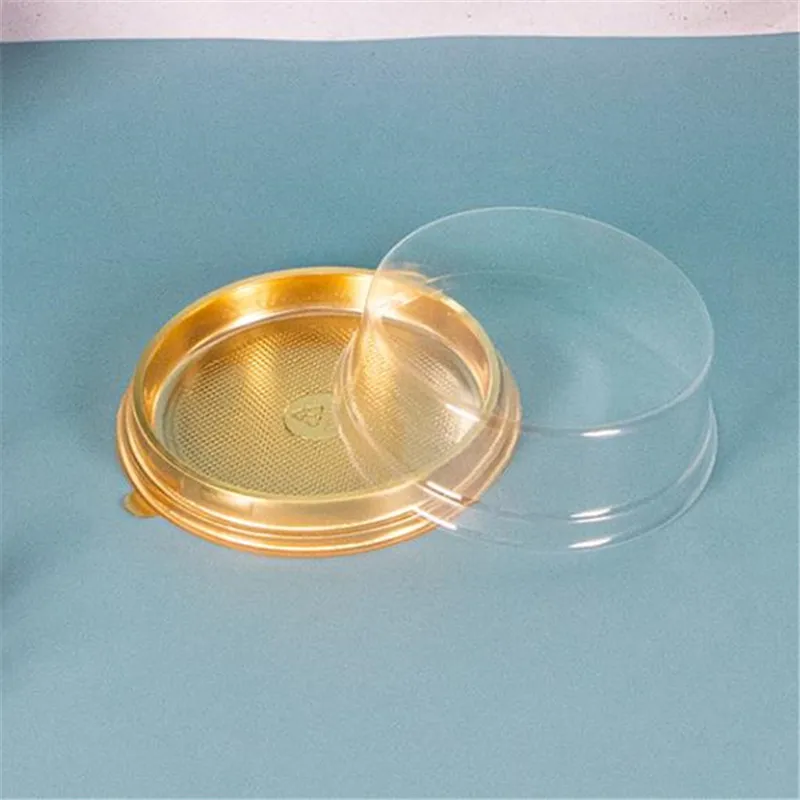50pcs 4Inch Round Plastic Donut Cake Box Packaging Egg-Yolk Puff Container Gold Black Tray Baking Packing Box Party