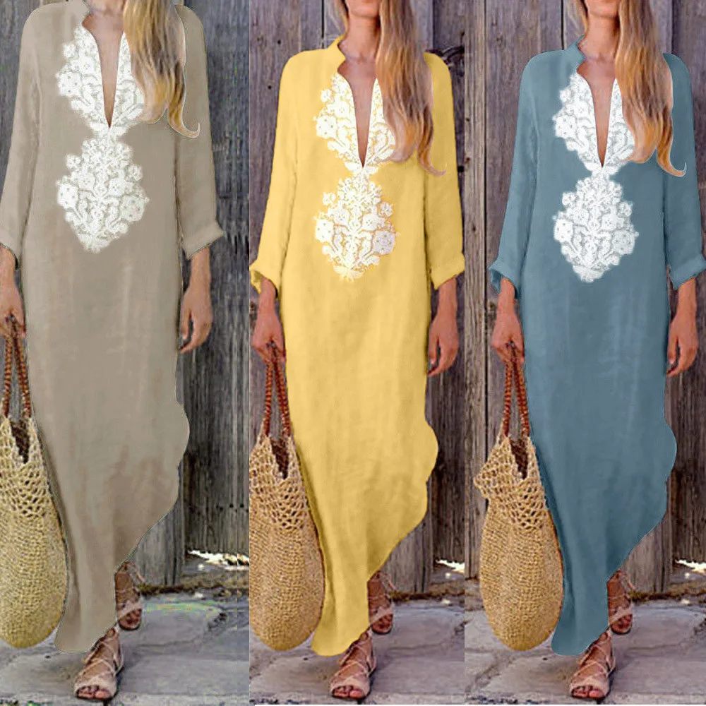 Plus Size Long Dress Women Printed Summer Dress V-neck Maxi Dresses Split Hem Baggy Kaftan Long Dress Vestidos Sundress