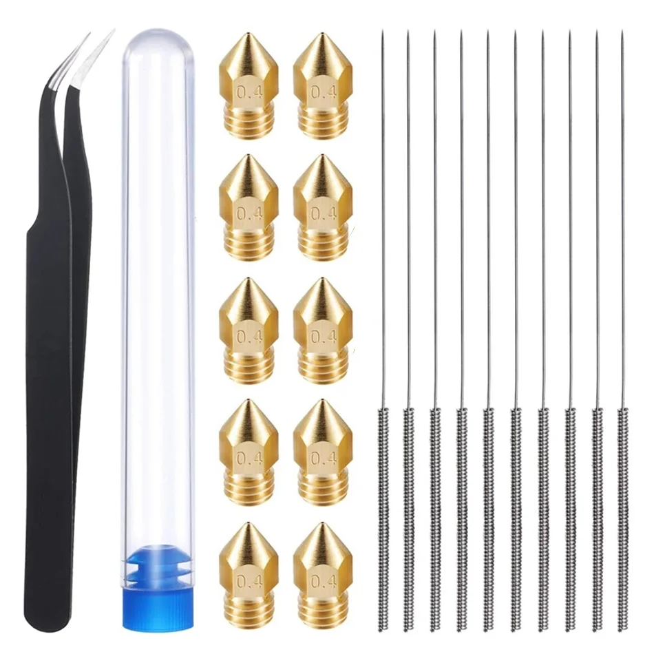 Printer 3D 21 Nozzle Pcs and Cleaning Kit 0.4 Mm Mk8 Nozzles 0.4 Mm Needles and 1 Pack Tweezers Tool Kit Stainless Steel Nozzles