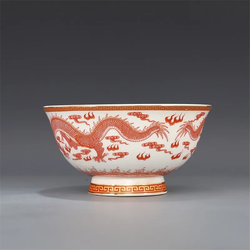 Qing Dynasty Qianlong Year Mark Bowl Alum Red Dragon Painting Gold Double Dragon Pattern Bowl Antique Porcelain Collection