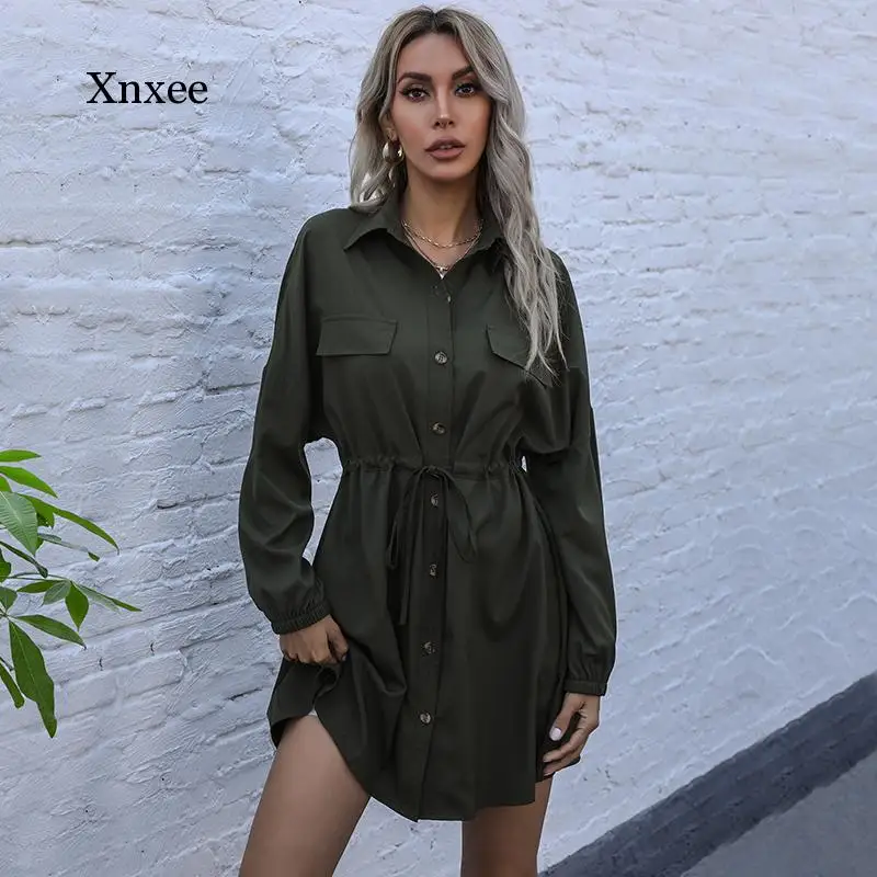 

2021 Summer Fashion Khaki Shirt Dress Women Spring Long Sleeve Drawstring Waist Office Lady Short Dress Women's Clothing Black