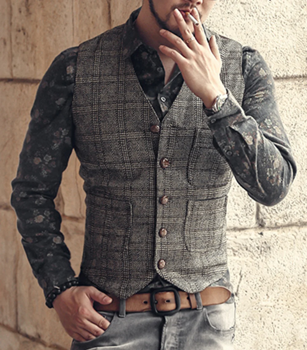 Mens Vintage Business Vest Plaid Classic Coat Tweed Slim Fit Formal Waistcoat for Wedding Groomsmen