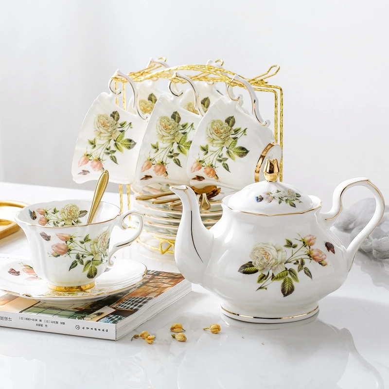 

Bone China Coffee Cup Set Luxury Ceramic Coffee Set White Rose Ceramic Cup Saucer Suit with Milk Pot Sugar Can Tea Pot Spoon