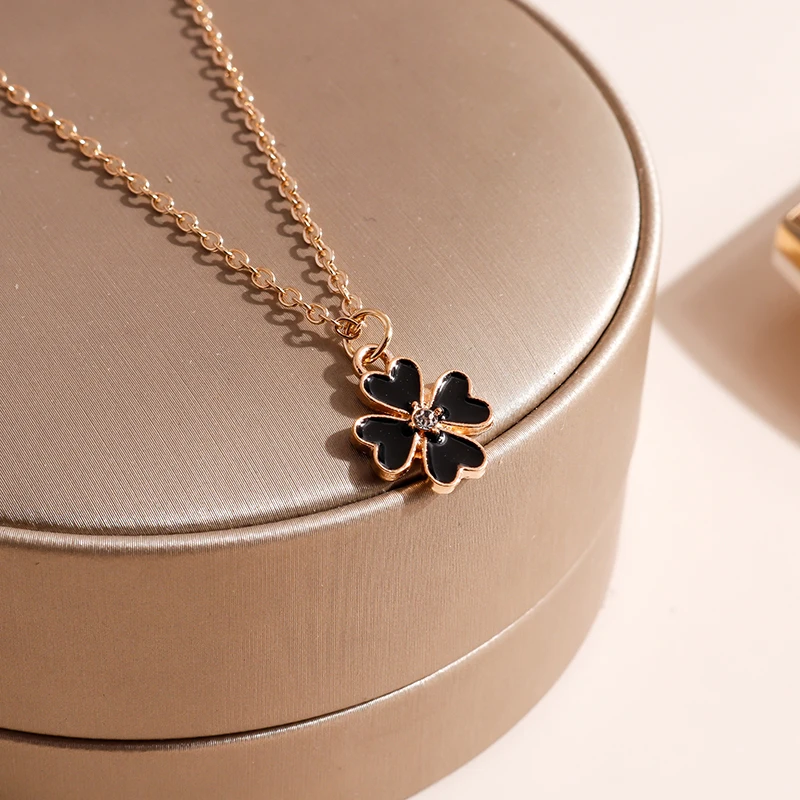 Aihua Einfache Stil Schwarz Farbe Emaille Klee Halsketten & Anhänger für Frauen Mädchen Femme Bijoux Colar Valentinstag Schmuckstück – Detail 4