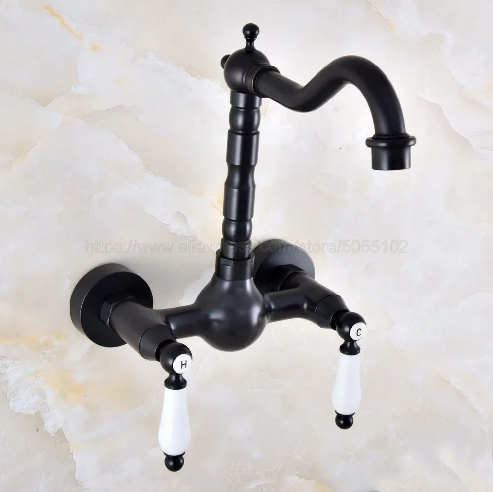 

Oil Rubbed Bronze Bathroom Basin Swivel Spout Faucet Wall Mounted Dual Ceramic Handles Vessel Sink Mixer Taps znf857