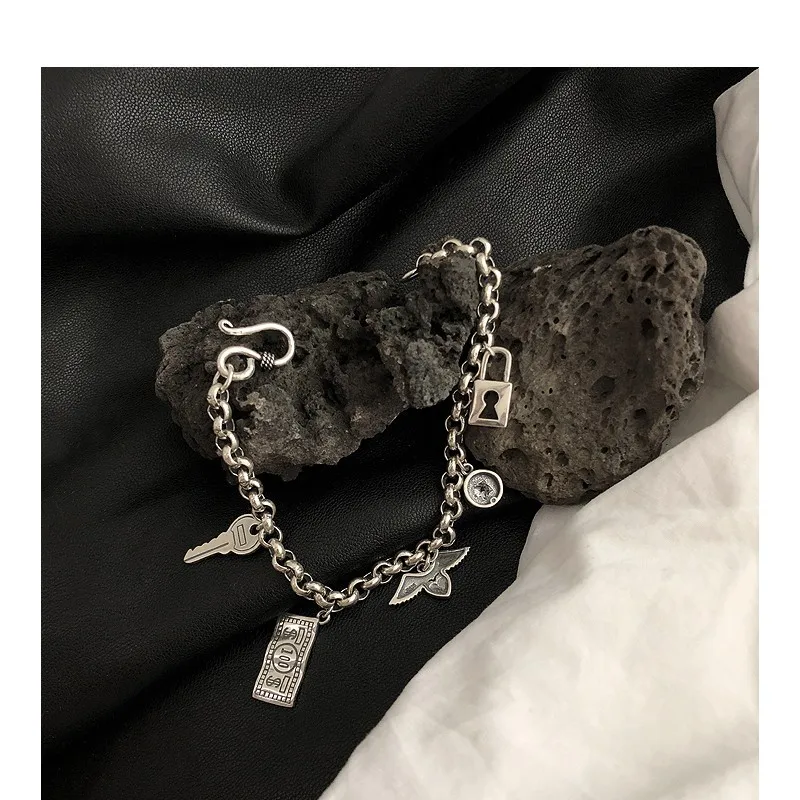 LIVVY Silver Color Lock Key Dollar Angel\'s Wings  Love Heart Bracelet Women Fashion Temperament Personality Retro Romantic Gift