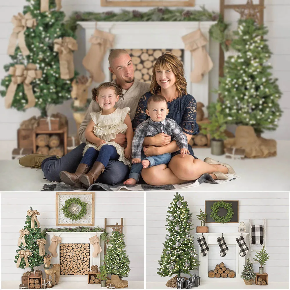 White Christmas Room Family Portrait Photography Backdrops Green Xmas Tree Fireplace Decor Photo Props Studio Booth Background