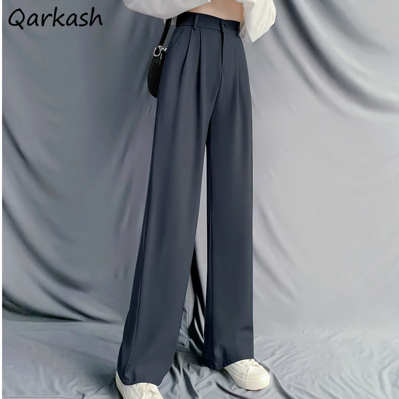 

Pants Women Gray Elegant Simple Folds Wide Leg Trousers High Waist Button Fly Pockets Office Ladies Street All-match Female Chic