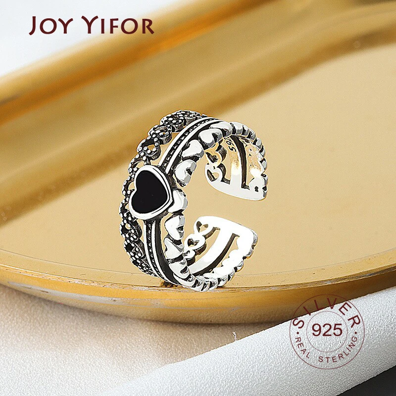 S925 sterling silver rings for women heart black zircon crown finger open adjustable ring trendy vintage fine jelwery